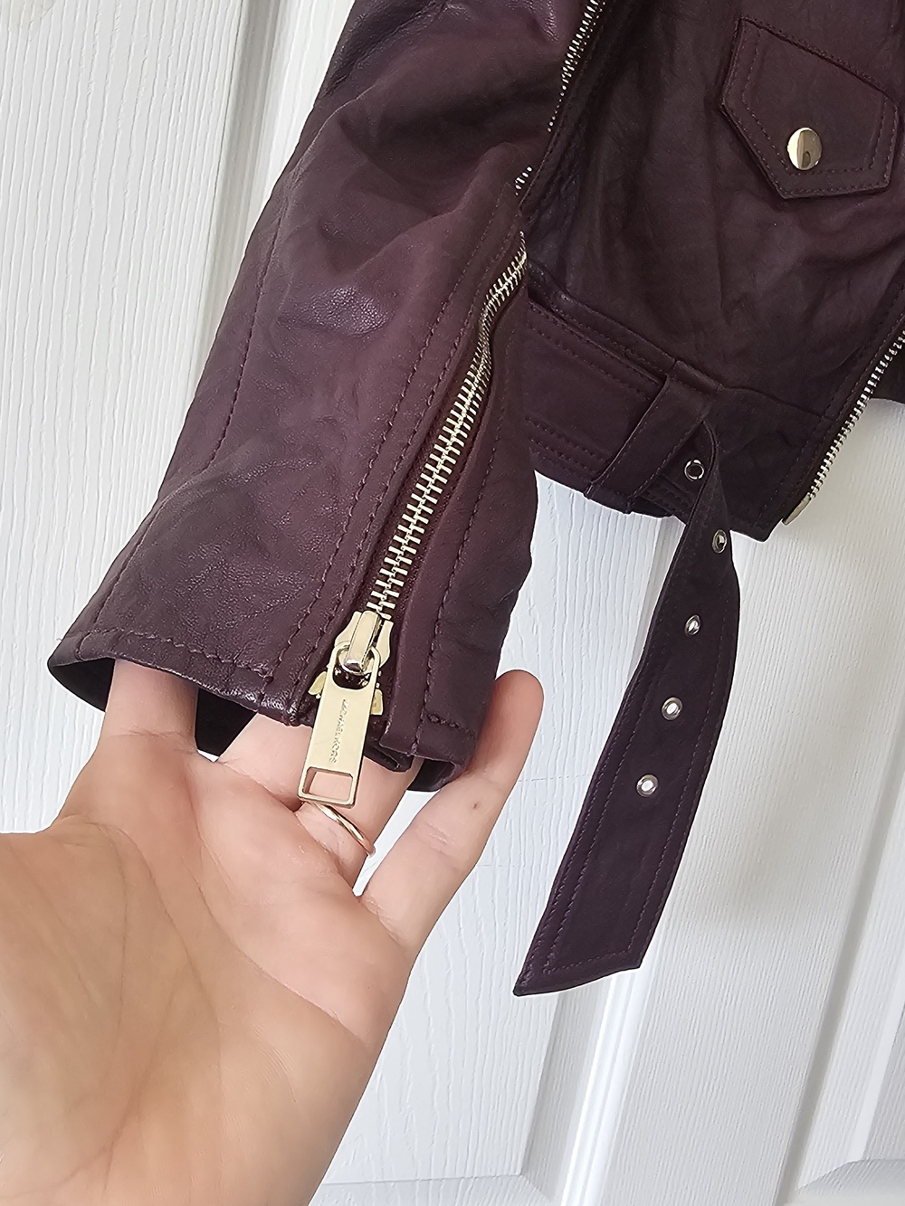 Michael Kors Lambs Leather Dark Plum Burgundy Collar Moto Jacket Biker Small #2 - Picture 6 of 9